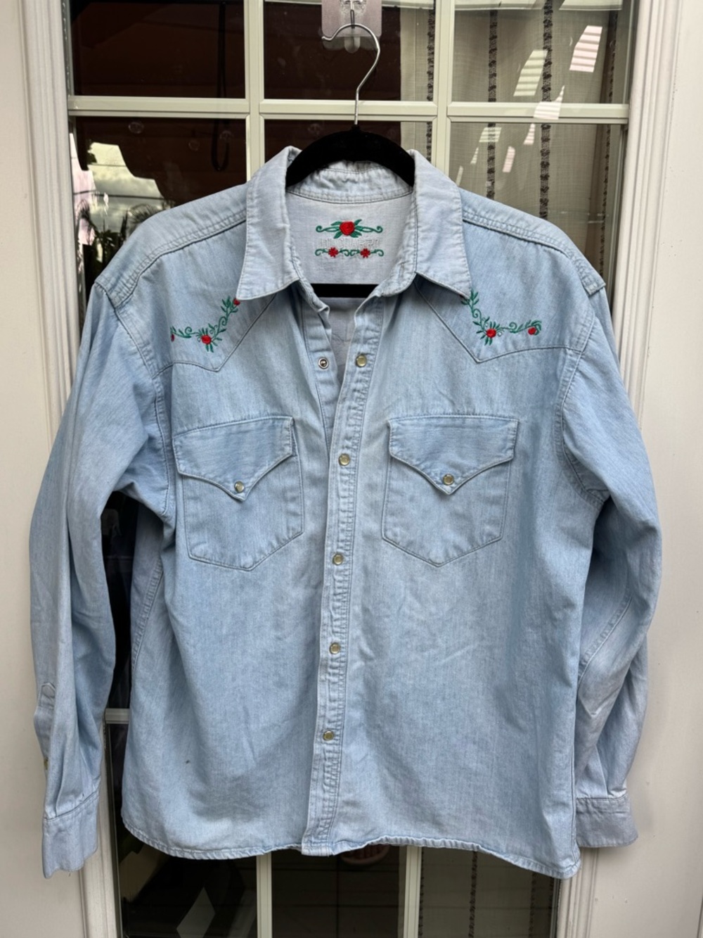 X😻El Charro Light Blue Embroidered Western Denim Shirt